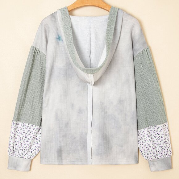 B304 Green Floral Tetured Colorblock Patchwork Lantern Sleeve Hooded Top - Picture 5 of 5